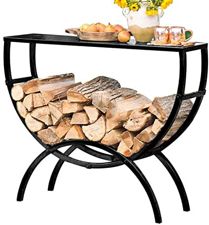 MYVVKIA Soporte para apilador de Troncos semicircular con Mesa de Almacenamiento, estantes para leña de Acero de pie para Estufa de leña/hogares Exteriores