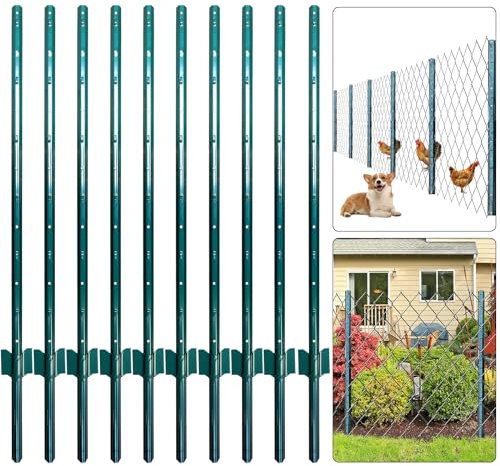 Thealyn Fence Posts 3 FT / 91 CM, Pack of 10 - for 2 FT Wire Fence Mesh, Metal Post with U-Channel, Steel Poles U Post for Garden Wire Mesh Poles for Chicken Wire Mesh