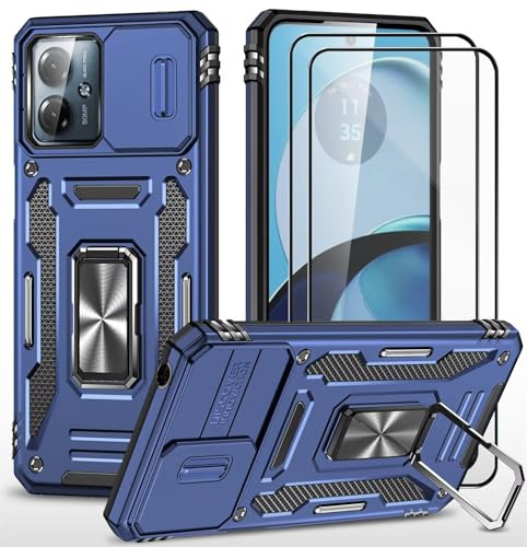 CLYDITE para Funda Motorola Moto G14 Carcasa Silicona Azul con Cristal Templado [2 Piezas] Cubierta de cámara Deslizante TPU 360 Grados Anillo Giratorio Soporte Coche