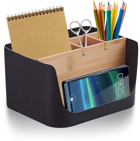 Organizer da scrivania, 5 scomparti in legno, organizer da scrivania, da tavolo, da ufficio, con scomparti rimovibili, organizer per desk per penne, appunti adesivi (nero), 17,5 x 13 x 9,6 cm