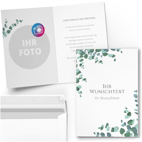 10 personalisierte Grußkarten Party Geburtstag Einladung Danke Karten mit eigenem Text und Foto - Individuell anpassbare Karte Klappkarte mit Umschlag 04 Eukalyptus