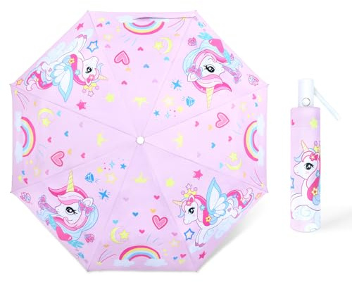 decalsweet Regenschirm Kinder, Automatik Taschenschirm Kinderschirm Rosa | Knirps Regenschirm mit reflektierenden Streifen, Sturmfest,Kompakter,Robuster, Leicht zu Transportieren, Reise Regenschirm,