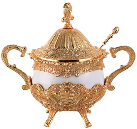 TGDGFKIAS latas de azúcar de cerámica, Azucarero con tapa y cuchara, tarro de especias de vidrio con relieve de metal, soporte for dulces, cuenco decorativo de metal(Gold,Ceramic)