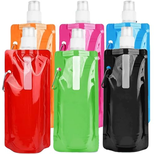 Catelves 6 Faltbare Trinkflaschen 500 ml, BPA-frei, mit Clip, Mehrfarbig | Leer Kompakt Faltbar, mit Schraubverschluss und Trageschlaufe, Leicht im Rucksack zu Verstauen und Unterwegs Mitzunehmen