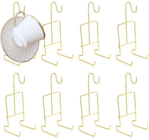 Juego de soportes para tazas y platillos de metal dorado, 8 estantes de exhibición para tazas de té y platos, elegante organizador de tazas de té