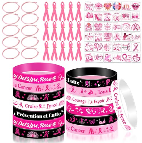 DPKOW Accessoires Octobre Rose Goodies Kit, Bracelets Octobre Rose Ruban Pin's en Tissu sur Une Épingle pour OCTOBRE ROSE Cancer du Sein Sensibilisation