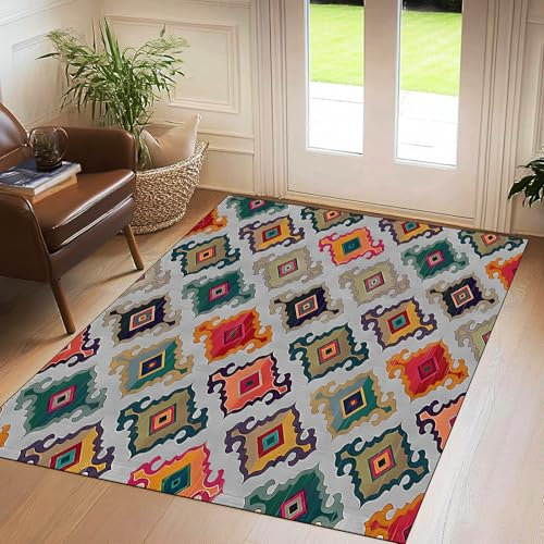 Alfombra de decoración, multicolor azul, verde rojo, naranja, amarillo, vintage, gris, 170 x 170 cm, alfombra de salón, cerdas rizadas, antideslizante, lavable, decoración, armario, dormitorio adulto,