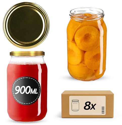 KADAX 8er Set Einmachgläser 900ml TO82 Gold, Große Sturzgläser mit Schraubdeckel, Einkochgläser Fermentierglas für Gurken, Gemüse, Sauerteig