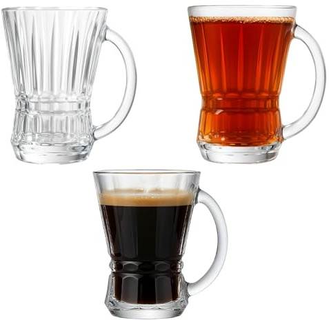 Clear Glass Coffee and Tea Cups with Handle, Set of 6, Small Glass Mugs for Espresso, Cappuccino, Latte, Mocha, Turkish Tea, Herbal Teas, Hot & Cold Drinks, Modern Durable Drinkware for Beverages 5 oz