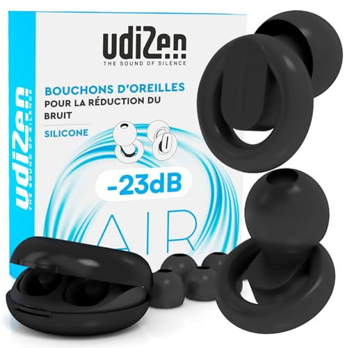 Bouchons d'Oreilles Antibruit pour Dormir Voyager Étudier -23dB UdiZen Air - 1 Paire de Bouchons Ergonomiques Réutilisables Protection Auditive SNR 23dB Réduction du Bruit Couleur Noire avec Étui