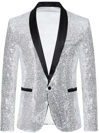 Casual Sequin Blazer for Men Classic Peak Lapel Disco Prom Suit Sparkly Show Glitter Sports Coats, Silver, L