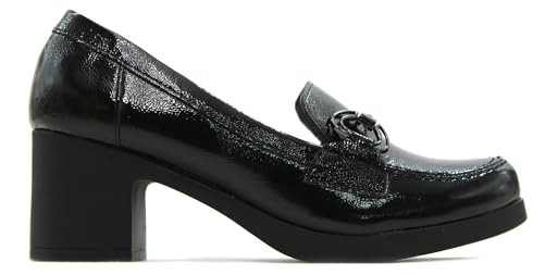 PITILLOS - Zapato mocasín con tacón Ancho y Plataforma de Goma,Piel,con eslabón metálico,Sencillo,Charol,Brillo para: Mujer Color: Negro Talla:41