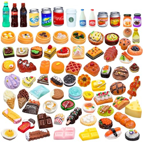 Miniatur Essen und Trinken, Harz Miniatur Lebensmittel Spielzeug Set, 1:12 Puppenhaus Zubehör Wichtel Zubehör Küche, Puppenzubehör, Miniatur Brot Kuchen Mini Lebensmittel Getränk(Zufällige Stile)