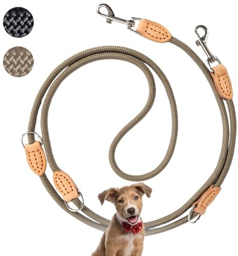 LeileiPaws 3 m Verstellbare Multifunktions-Hundeleine aus Nylon & Leder – Führ-, Schulter- & Hüftleine für kleine bis große Hunde – Robust für Training, Spaziergang & Joggen (Kaki, 3m x 0.8cm)