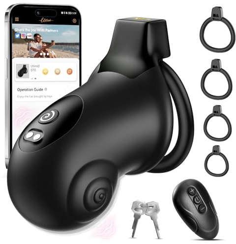 Vibrating Chastity Cage Sex Toy - Male Chastity Device with App Control Cock Cage with 8 Vibration Modes, with 4 Sizes Rings, 2 Keys for Secure Locking, Silicone BDSM Bondage Toys for Men