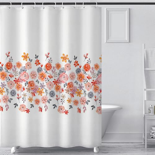 ASKLUND Cortina de Ducha 180x180 Flores Colores, con 12 Anillas y lastres en la Parte Inferior, Lavable Impermeable, de Tela Poliéster, para la Bañera y el Cuarto de Baño