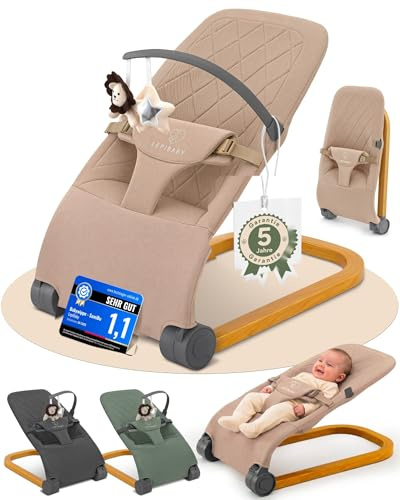 LepiBaby Babywippe Neugeborene, 0 bis 12 Monate, Baby Wippe, Baby Bouncer | Faltbarer Baby Rocker, Babyschaukel mit Spielbogen, Verstellbare Babywiege, Baby Schaukel leicht waschbar, SamiBu Beige
