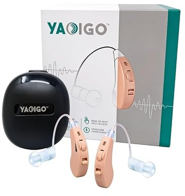 YAOIGO™ Amplificador de Sonido Recargable (2 Dispositivos), Ultraligero, Discreto con Base de Carga, 4 Niveles de Volumen y Autonomía de 16h, Incluye Estuche y Accesorios. Oye Alto, Claro y Nítido.