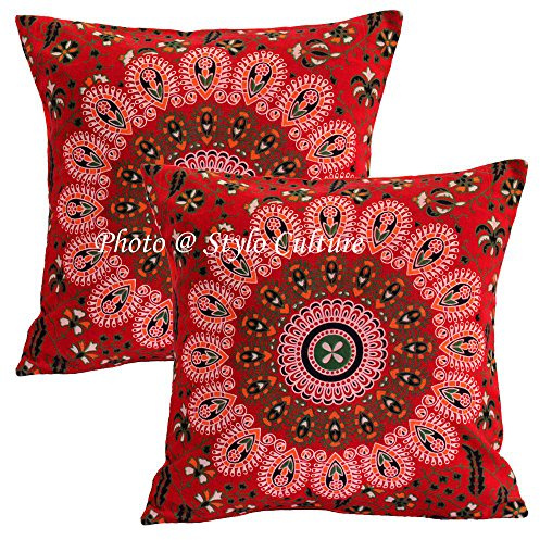 Stylo Culture Ethnico Fundas Almohadones Decorativa 40x40 cm Algodón Mandala Fundas De Cojines Sofa Rojo 16x16 Inch Impreso Cuadrado sobre Funda Cojin Cama - 2 Pcs