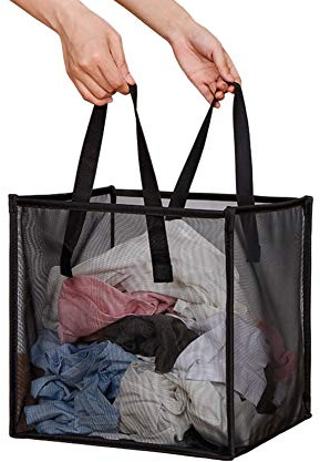 HONOMA Laundry Bags Hamper Bag with Handles,Portable &Collapsible Dirty Clothes Mesh Basket Foldable for Washing Storage, Kids Room,Dorm or Travel (Black, Single-Layer)