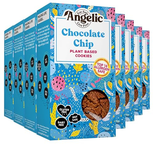 Angelic Free From 8 Pack Chocolate Chip Vegan & Gluten Free Cookies. Dairy, Nuts, Soya, Egg, Peanut & Wheat Free. Allergy Safe Tea Biscuit. Multipack Biscuits Free From Top 14 Allergens. (8 x 125g)