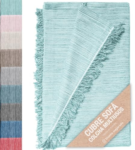 Colcha Multiusos; Plaid sofa, Manta Foulard, Cubre cama, foulard para sofas de Algodón y otras fibras acabado de calidad Fabricado en España. (Verde agua jasp. 09, 180x260cm)