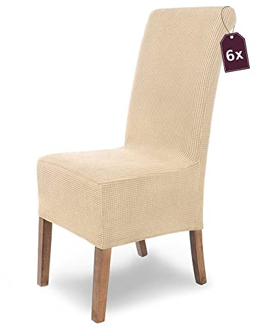 Scheffler Home Stuhlhussen Creme 6er Set Microfaser Stretch Sofia | Elastische Stuhlbezüge, waschbar und pflegeleicht, für Esszimmerstühle und Polsterstühle, Öko-Tex zertifiziert