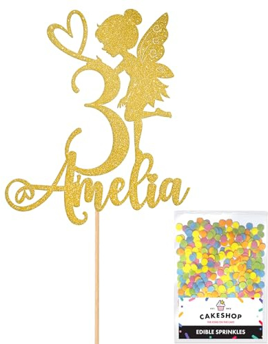 Personalised Fairy Gltter Cake Topper- Gold Any Custom Name & Age Glitter Cake Decoration and Sprinkles - Happy Birthday Decorations - Personalised Toppers for Cakes by Cakeshop