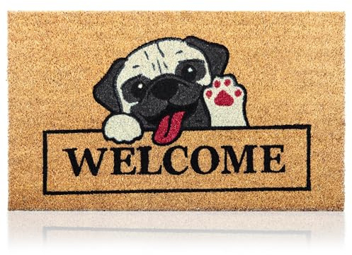 AMARU DOOR MATS - Fußmatte Kokos Außen und Innen, Hund Welcome, 70x40 cm | 100% Kokosfaser Natur, Robust, Fusselarm, Rutschfeste Unterseite, Nimmt Feuchtigkeit auf, Schmutzfangmatte Eingang, Haustür