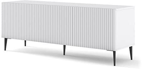 BIM Furniture TV-Schrank Ravenna B 150 cm 3D mit gefräster Front Hochwertiges MDF Metallbeine Lowboard Schrank Sideboard Kommode Fernsehtisch (Weiße Matte, Schwarze Beine)