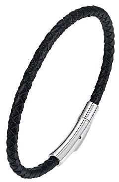 Viwind Echt leder armband für Jungs, Herren, Damen Armband 4mm breit geflochten Lederband 17.5/20.5cm Edelstahl Gravur für DIY Anhänger Schmuck mit Geschenkbox (20.5cm, schwarz)