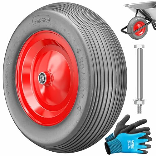 MASKO® PU Schubkarrenrad Vollgummi 200 kg 4.80/4.00-8 Ø 390mm Achse Ersatzrad Gummirad Stahlfelge Reifen pannensicher für Schubkarre Gartenkarren pannensicheres PU Rad inkl. Handschuhe, Grau/Rot