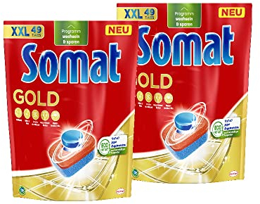 Somat Gold Spülmaschinen Tabs (2x49 Tabs), Geschirrspül Tabs für strahlend sauberes Geschirr auch bei niedrigen Temperaturen, Extra-Kraft gegen Eingebranntes