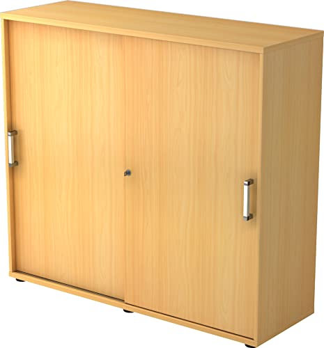 bümö Schiebetürenschrank 3OH - Aktenschrank abschließbar, Sideboard Schrank mit Schiebetüren in Buche, Chromgriff - Büroschrank aus Holz mit Schiebetür, Büro Kommode für Ordner & Co.