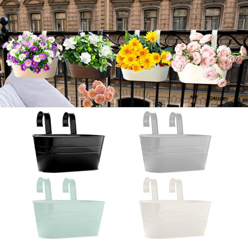 TINGSING 4 PCS Metal Hanging Flower Pots 27cm Large Fence Planters Outdoor with Detachable Hooks Hanging Plant Pots Outdoor Balcony Planters for Railing, Garden, Home Decoration