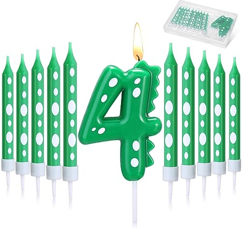 Herdear Grüne Dinosaurier Geburtstag Kerzen für Party 1 Stück Dino Zahlenkerze und 10 Lange Dünne Kerzen zum Geburtstag Grüne Dino Geburtstagskerzen für Dino Thema Kuchendeko Party Deko (Zahlen 4)