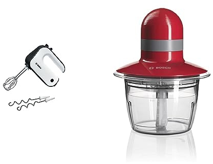 Bosch CleverMixx Styline MFQ4020GB Hand Mixer 450 W - White & Black & MMR08R1GB Mini Chopper, 400 W, 0.8 Litre - Red