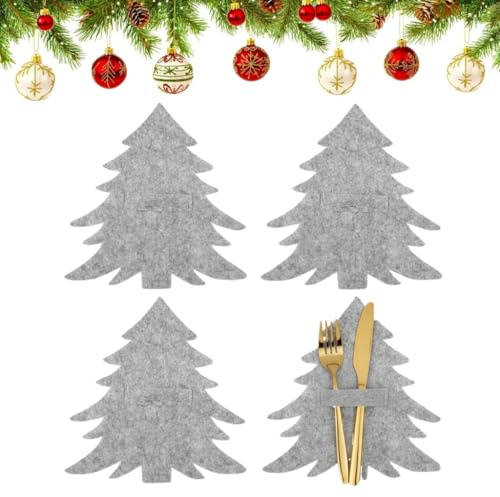 VALICLUD Tischdeko Weihnachten Bestecktasche Weihnachten Filz, Bestecktaschen Filz, Bestecktaschen Grau Weihnachtsbaum Besteck Taschen 4-StüCk