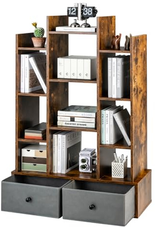 SOARS Bücherregal Holz, Standregal mit 12 Fächern & 2 Schubladen, Bücherregale, freistehendes Regal, DVD Regal für Wohnzimmer, Büro (Vintagebraun)