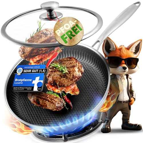 LUXANO Pfanne Bratpfanne 28 cm [ 24 cm 26 cm ] Beschichtete Pfanne mit Deckel - Wabenpfanne mit smarter Hitzeverteilung für perfekte Bratergebnisse | Brat- & Universalpfannen - Frying Pan - ofenfest