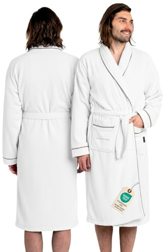 ELEVAVIDA Peignoir homme en coton douillet 430 g/m2 - blanc - robe de chambre homme extra doux et confortable - taille L - peignoir de bain sauna en éponge - certifié OEKO-TEX