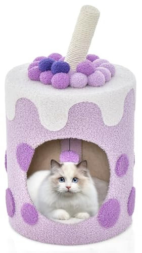 COSTWAY Niche Maison pour Chat d'Intérieur, Petit Condo avec Balle en Peluche, Arbre à Chat 37 CM avec Griffoirs Rotatif, Meuble 3 en 1 en Forme de Perle de Thé au Lait (Violet)