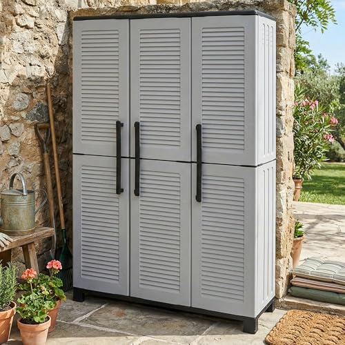 Dmora - Nandrin-Außengarderobe, Besenhalterschrank, 3-türiger Außenschrank, 100% Made in Italy, 102 x 37 x 169 cm, Hellgrau und Schwarz, gestreifte Oberfläche