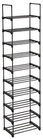 Bonnlo Schuhregal aus Metall, Schuhständer Schmal Hoch, Schuhaufbewahrung mit 10 Ebenen und 2 Haken, 30 x 45 x 174 cm, für kleinen Raum, Flur, platzsparend, Viel Stauraum, Schwarz