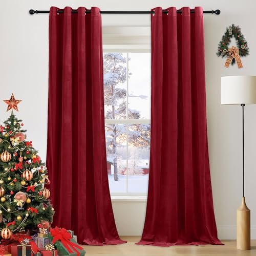 PONY DANCE 52x90 Inch Christmas Curtains Red Velvet Blackout Curtains - 1 Pair of Super Soft Luxury Drapes Elegant Home Decor Window Treatments for Living Room/Bedroom, Set of 2
