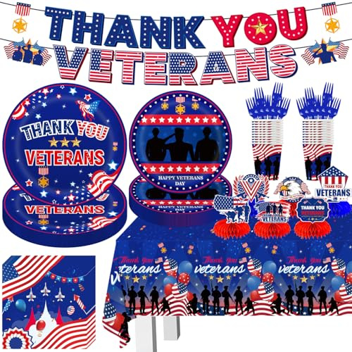 Veterans Day Decorations Tableware 108pcs Patriot Day Theme Party Decorations Set Include Thank You Veterans Banner Plates Napkins Cups Forks Honeycomb Centerpieces and Tablecloth