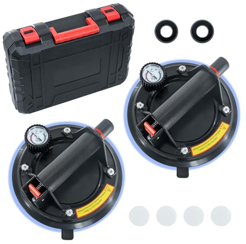 JUYLTOOL 2 x Ventosas para Cristal con Manómetro Para Vidrio,Cargas 220KG | Ventosas para Azulejos con Medidor de presión,Potente Succión,Simple Operación,Ventosas para Levantar Vidrio,Mármol