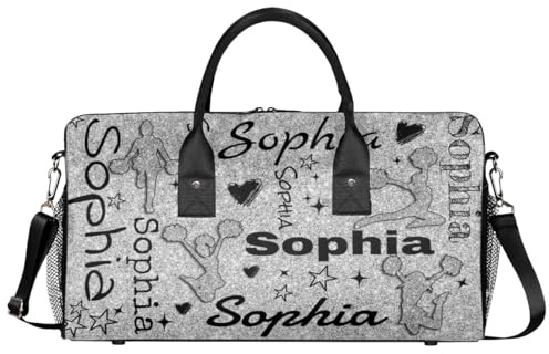 Mintoprints Cheerleader-Tasche mit Namen, personalisierbar, Reisetasche, Reisetasche, Wochenendtasche, Übernachtungstasche, silber, 17.4x8.3x9.5, Cheerleading