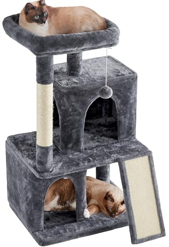 Yaheetech Arbre à Chat 106cm, 2 Niches Plateforme Sisal, 60×45×106 cm Gris | Boule à clochette, kit anti-basculement, Pour Gros Chat 12 kg, angles arrondis, adapté pour 1 à 3 chats moyens et grands