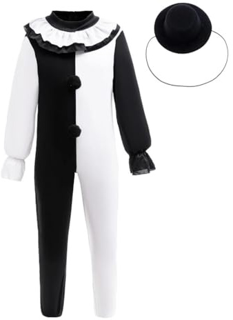 Lito Angels Vestito Costume Pierrot Clown Arlecchino con Cappello per Bambino Taglia 5-10 anni (S, M, L)